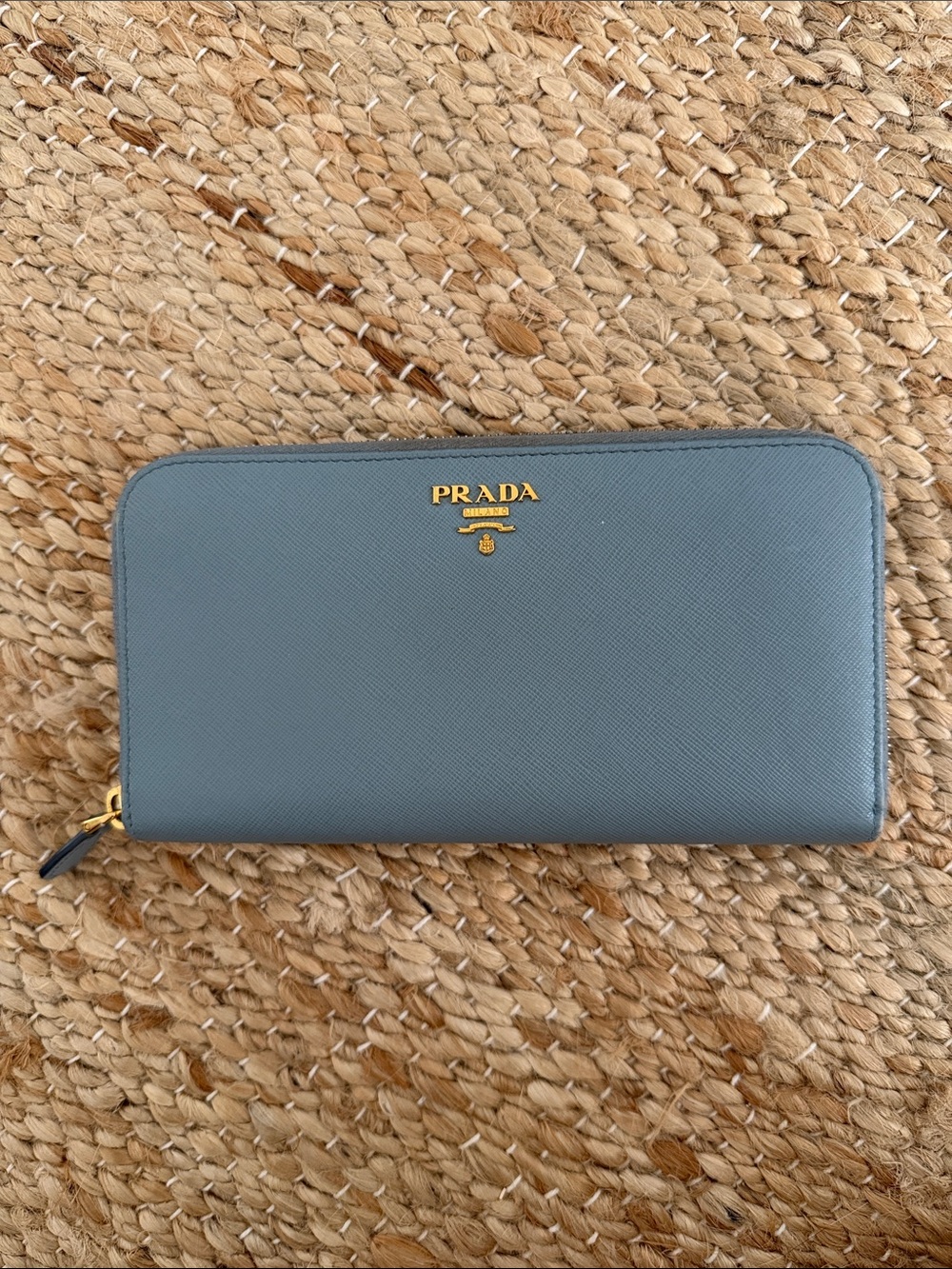 Prada Saffiano Zip Wallet in Blue with Gold Hardware